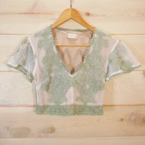 Altar'd State Womens size S Lace Crop Top Side Zip Boho Hippie Sage Beige V-neck